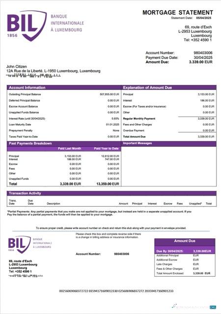 Luxembourg Banque Internationale à Luxembourg mortgage statement Word and PDF template